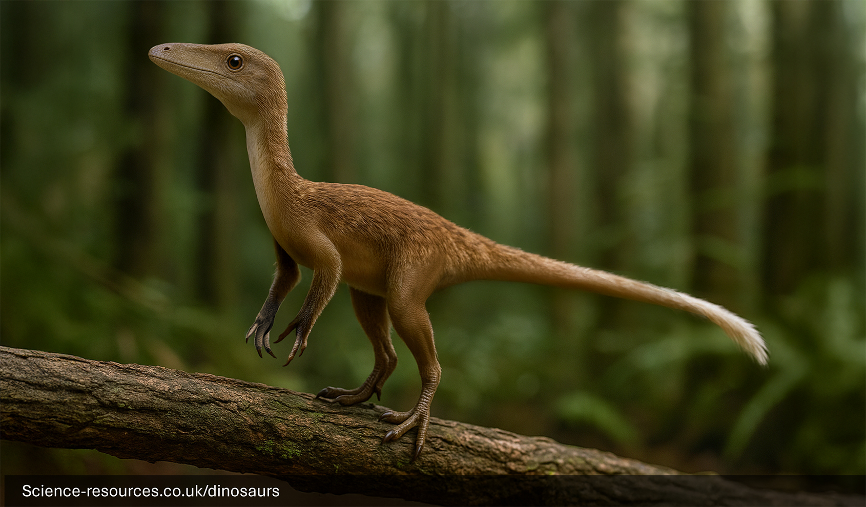 The image portrays a realistic rendering of a partially-feathered  Compsognathus dinosaur in a prehistoric forest setting. The Compsognathus is partially covered with down-like fur and is perched on a fallen tree branch, surrounded by dense green trees and vegetation.