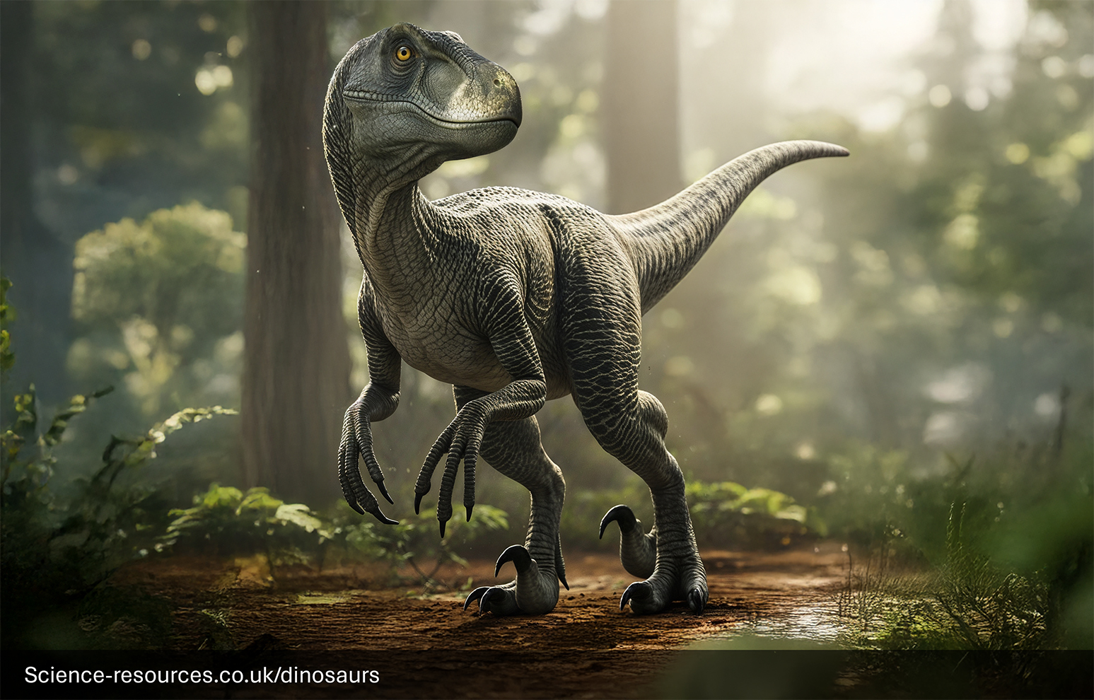 A realistic rendering of a Jurassic park / Jurassic World Velociraptor in a Prehistoric forest.