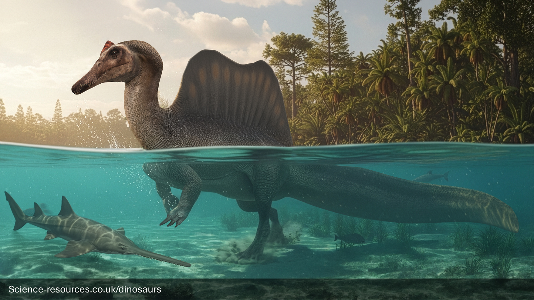 A photorealistic image depicting a modern (2026) 'semi-aquatic' (as seen on Walking with Dinosaurs)