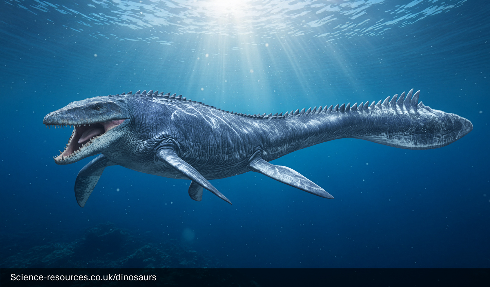 A realistic depiction of a Jurassic World Mosasaurus swimming in a prehistoric ocean.
