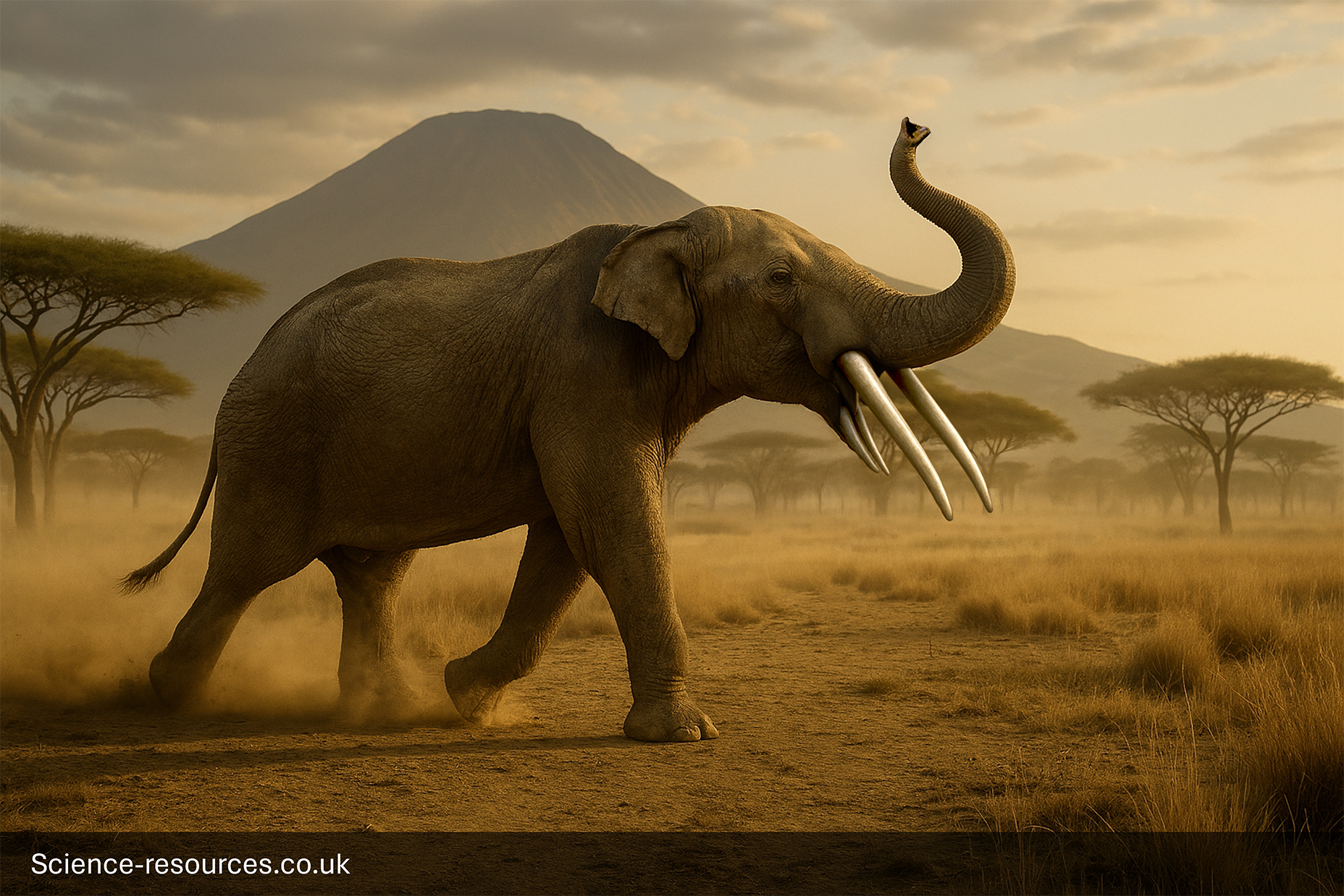 A photorealistic computer-generated image of the Ice Age Gomphothere.