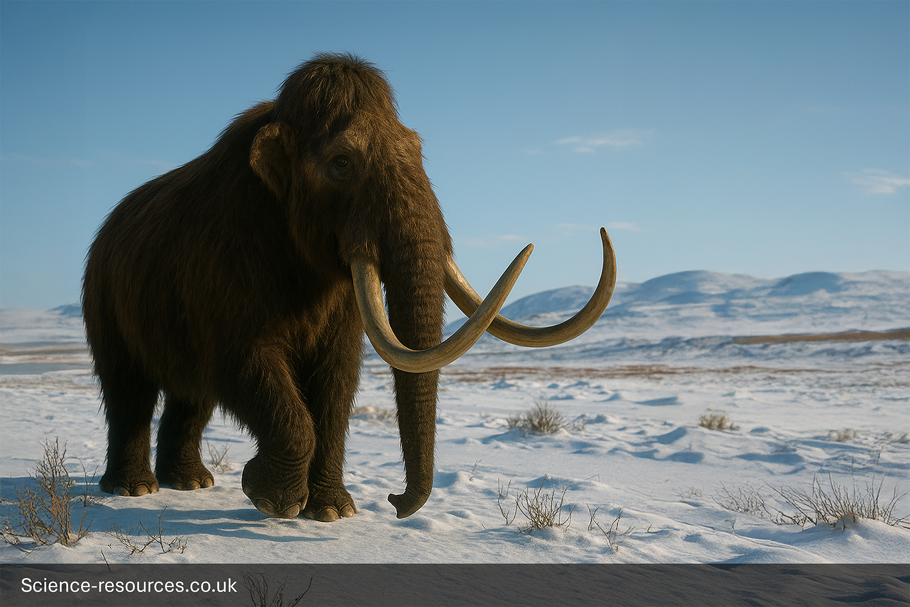 A menacing, photorealistic computer-generated image of the Ice Age Woolly Mammoth.