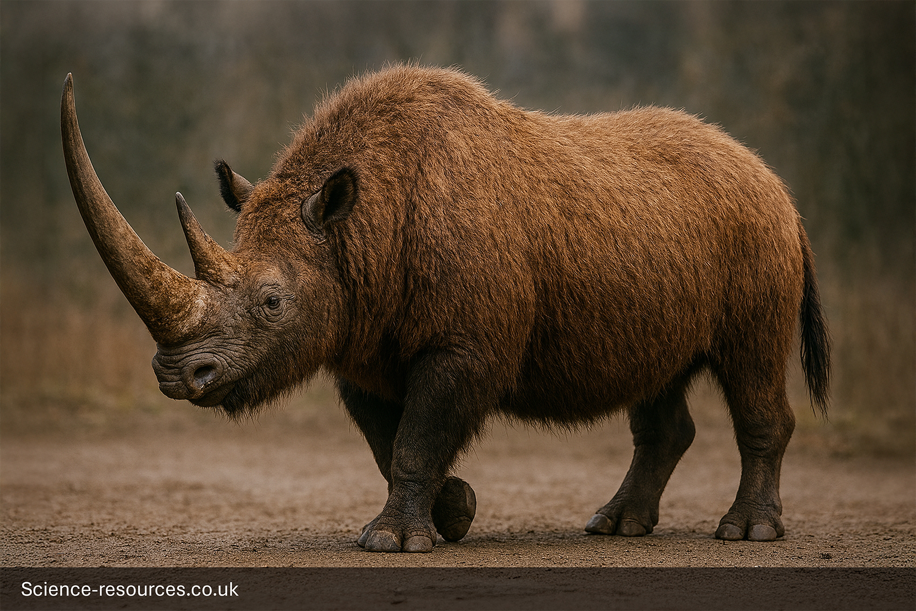 A photorealistic computer-generated image of a massive Woolly Rhino (Coelodonta antiquitatis) standing in a cold, semi-snowy steppe or tundra environment. The prehistoric mammal is covered in thick, dark-brown fur and has two large horns, with the front horn being exceptionally long and curving forward. The background shows a vast, grassy plain dotted with patches of snow and distant snow-capped mountains under a partly cloudy sky.